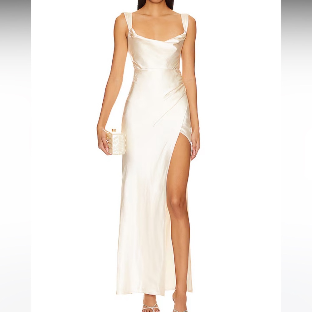 Elegant Cream Satin Maxi Dress with Side Slit